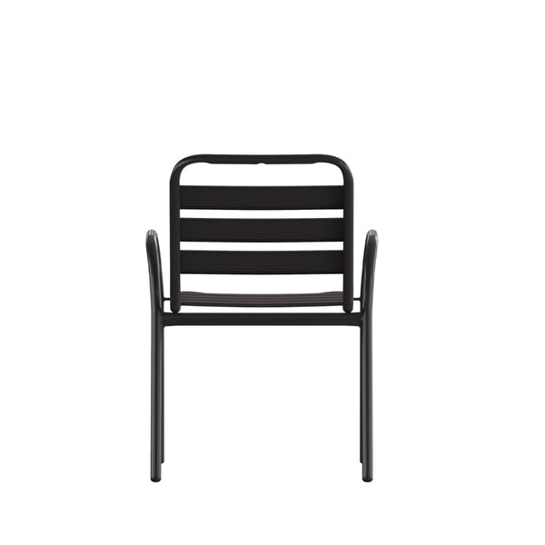 English Elm Lila Commercial Metal Indoor-Outdoor Stack Chair with Stylish Triple Slat Back and Integrated Arms Black TLH-018C-BK-GG
