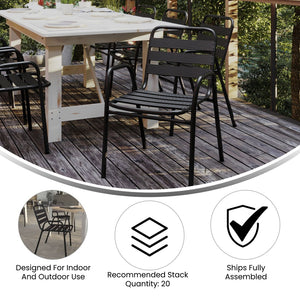 English Elm Lila Commercial Metal Indoor-Outdoor Stack Chair with Stylish Triple Slat Back and Integrated Arms Black TLH-018C-BK-GG