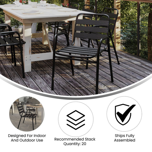 English Elm Lila Commercial Metal Indoor-Outdoor Stack Chair with Stylish Triple Slat Back and Integrated Arms Black TLH-018C-BK-GG