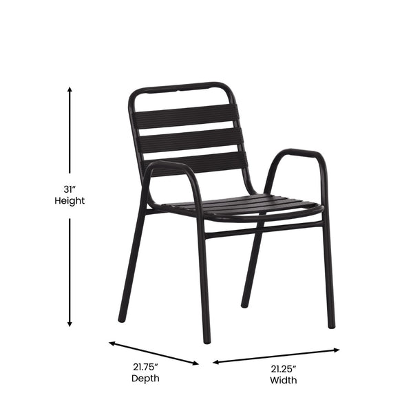 English Elm Lila Commercial Metal Indoor-Outdoor Stack Chair with Stylish Triple Slat Back and Integrated Arms Black TLH-018C-BK-GG