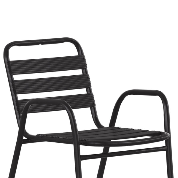 English Elm Lila Commercial Metal Indoor-Outdoor Stack Chair with Stylish Triple Slat Back and Integrated Arms Black TLH-018C-BK-GG