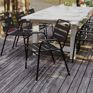 English Elm Lila Commercial Metal Indoor-Outdoor Stack Chair with Stylish Triple Slat Back and Integrated Arms Black TLH-018C-BK-GG