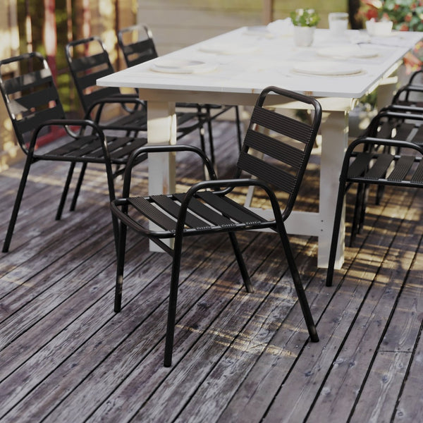 English Elm Lila Commercial Metal Indoor-Outdoor Stack Chair with Stylish Triple Slat Back and Integrated Arms Black TLH-018C-BK-GG