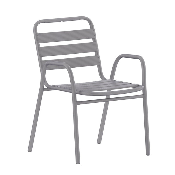 English Elm Lila Commercial Metal Indoor-Outdoor Stack Chair with Stylish Triple Slat Back and Integrated Arms Silver TLH-018C-GG