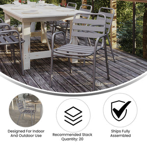 English Elm Lila Commercial Metal Indoor-Outdoor Stack Chair with Stylish Triple Slat Back and Integrated Arms Silver TLH-018C-GG