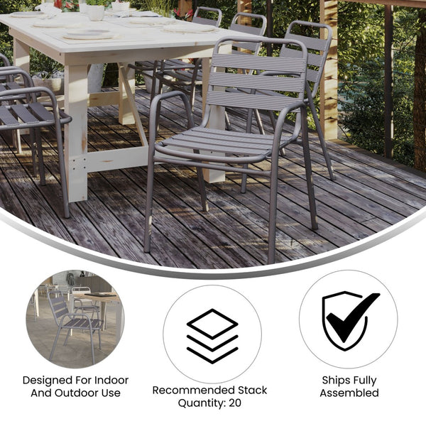 English Elm Lila Commercial Metal Indoor-Outdoor Stack Chair with Stylish Triple Slat Back and Integrated Arms Silver TLH-018C-GG