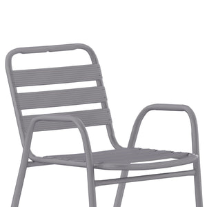 English Elm Lila Commercial Metal Indoor-Outdoor Stack Chair with Stylish Triple Slat Back and Integrated Arms Silver TLH-018C-GG