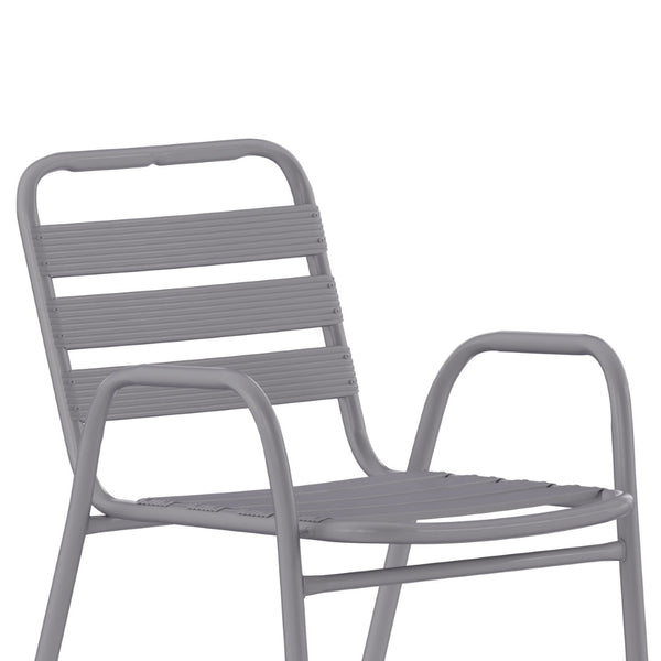 English Elm Lila Commercial Metal Indoor-Outdoor Stack Chair with Stylish Triple Slat Back and Integrated Arms Silver TLH-018C-GG
