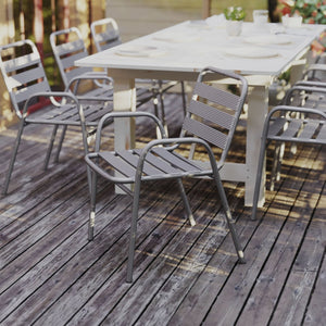 English Elm Lila Commercial Metal Indoor-Outdoor Stack Chair with Stylish Triple Slat Back and Integrated Arms Silver TLH-018C-GG
