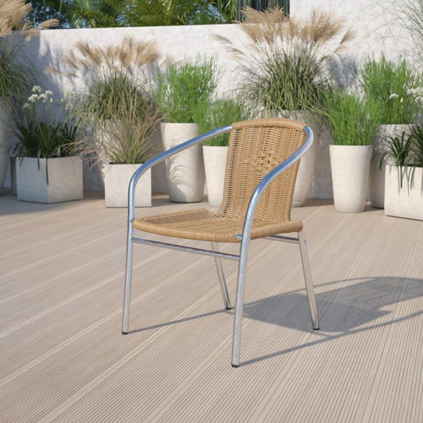 English Elm Lila Stack Chair - Durable Rattan Seating for Indoor & Outdoor Use, Perfect for Restaurants & Patios Aluminum and Beige TLH-020-BGE-GG