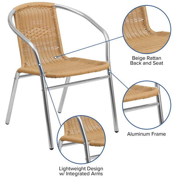 English Elm Lila Stack Chair - Durable Rattan Seating for Indoor & Outdoor Use, Perfect for Restaurants & Patios Aluminum and Beige TLH-020-BGE-GG
