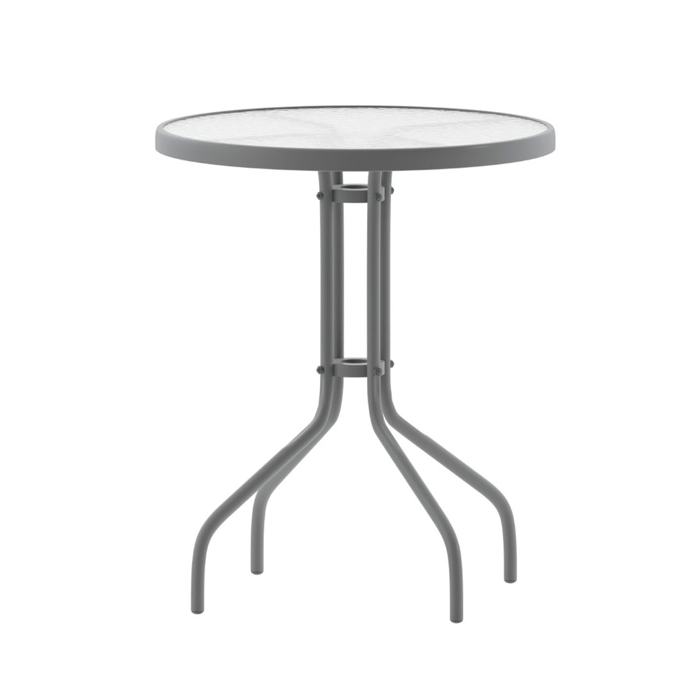 English Elm Bellamy Bronze Bistro Table with Tempered Glass Top – Stylish Indoor/Outdoor Dining Solution for All Spaces Clear Top/Silver Frame 23.75" Round TLH-070-1-SV-GG
