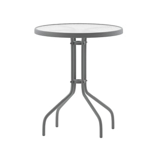 English Elm Bellamy Bronze Bistro Table with Tempered Glass Top – Stylish Indoor/Outdoor Dining Solution for All Spaces Clear Top/Silver Frame 23.75" Round TLH-070-1-SV-GG