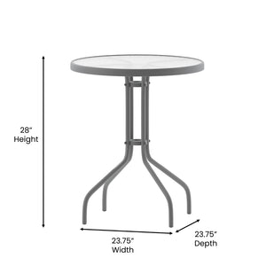 English Elm Bellamy Bronze Bistro Table with Tempered Glass Top – Stylish Indoor/Outdoor Dining Solution for All Spaces Clear Top/Silver Frame 23.75" Round TLH-070-1-SV-GG