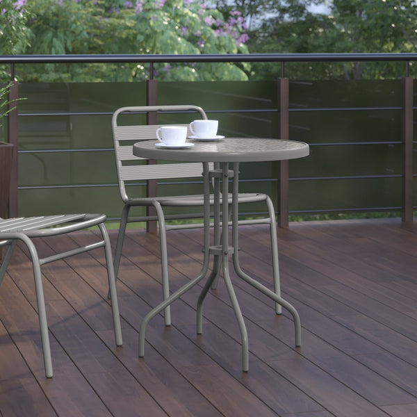 English Elm Bellamy Bronze Bistro Table with Tempered Glass Top – Stylish Indoor/Outdoor Dining Solution for All Spaces Clear Top/Silver Frame 23.75" Round TLH-070-1-SV-GG