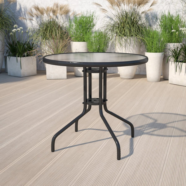 English Elm Bellamy Bronze Round Glass Table - Stylish & Durable Design for Indoor/Outdoor Dining Spaces Clear Top/Black Frame 31.5" Round TLH-070-2-GG