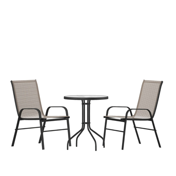 English Elm Brazos 3 Piece Outdoor Dining Set – Cozy Round Glass Table & Stackable Sling Chairs for Small Spaces Brown TLH-0701303C-BN-GG