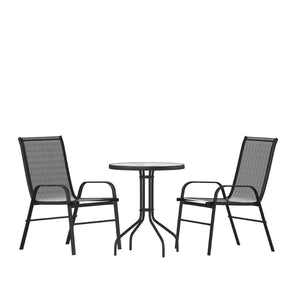 English Elm Brazos 3 Piece Outdoor Dining Set – Cozy Round Glass Table & Stackable Sling Chairs for Small Spaces Black TLH-0701303C-GG