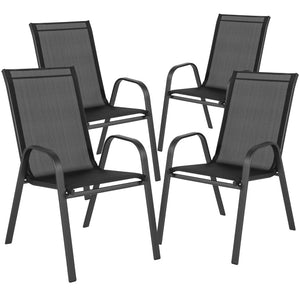 English Elm Brazos 3 Piece Outdoor Dining Set – Cozy Round Glass Table & Stackable Sling Chairs for Small Spaces Black TLH-0701303C-GG
