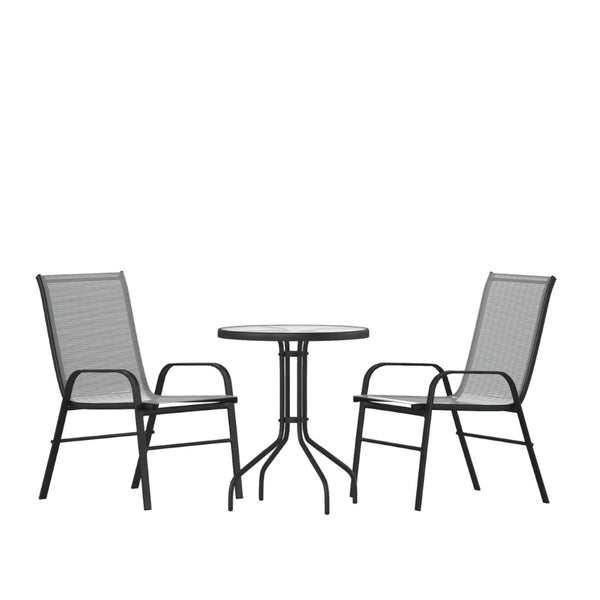 English Elm Brazos 3 Piece Outdoor Dining Set – Cozy Round Glass Table & Stackable Sling Chairs for Small Spaces Gray TLH-0701303C-GY-GG