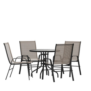 English Elm Brazos 5 Piece Outdoor Patio Dining Set - Stylish Round Tempered Glass Table with 4 Comfort Chairs Brown TLH-0702303C-BN-GG