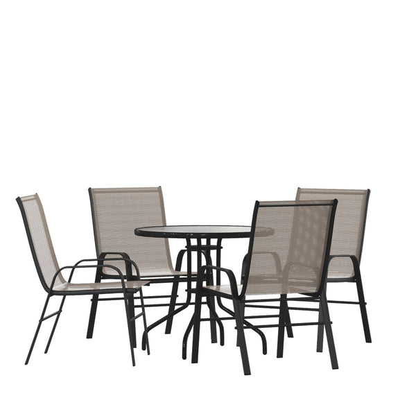 English Elm Brazos 5 Piece Outdoor Patio Dining Set - Stylish Round Tempered Glass Table with 4 Comfort Chairs Brown TLH-0702303C-BN-GG