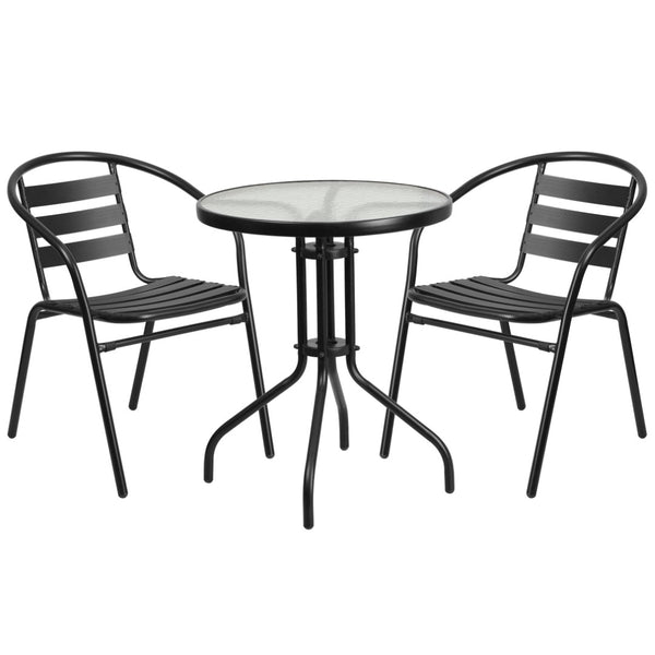 English Elm Lila Bistro Table Set with Tempered Glass Top and 2 Stackable Aluminum Slat Chairs for Stylish Dining Black 23.75" Round TLH-071RD-017CBK2-GG