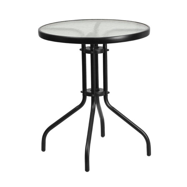 English Elm Lila Bistro Table Set with Tempered Glass Top and 2 Stackable Aluminum Slat Chairs for Stylish Dining Black 23.75" Round TLH-071RD-017CBK2-GG