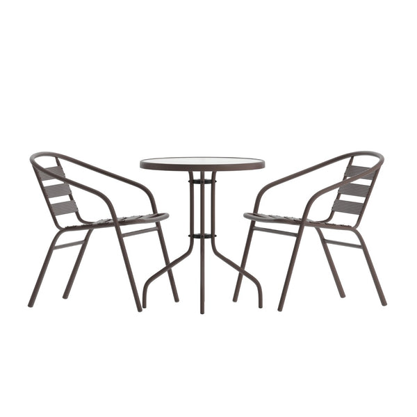 English Elm Lila Bistro Table Set with Tempered Glass Top and 2 Stackable Aluminum Slat Chairs for Stylish Dining Bronze 23.75" Round TLH-071RD-017CBZ2-GG