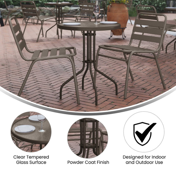 English Elm Lila Bistro Table Set with Tempered Glass Top and 2 Stackable Aluminum Slat Chairs for Stylish Dining Bronze 23.75" Round TLH-071RD-017CBZ2-GG