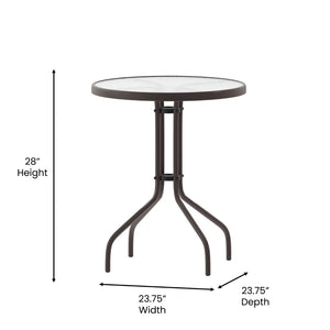 English Elm Lila Bistro Table Set with Tempered Glass Top and 2 Stackable Aluminum Slat Chairs for Stylish Dining Bronze 23.75" Round TLH-071RD-017CBZ2-GG