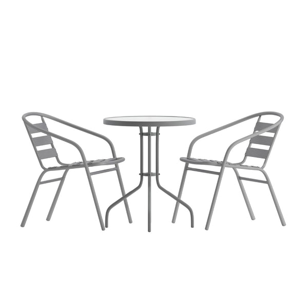English Elm Lila Bistro Table Set with Tempered Glass Top and 2 Stackable Aluminum Slat Chairs for Stylish Dining Silver 23.75" Round TLH-071RD-017CSV2-GG