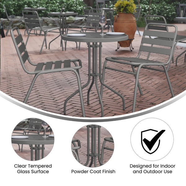 English Elm Lila Bistro Table Set with Tempered Glass Top and 2 Stackable Aluminum Slat Chairs for Stylish Dining Silver 23.75" Round TLH-071RD-017CSV2-GG