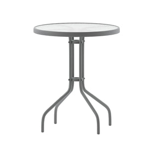 English Elm Lila Bistro Table Set with Tempered Glass Top and 2 Stackable Aluminum Slat Chairs for Stylish Dining Silver 23.75" Round TLH-071RD-017CSV2-GG