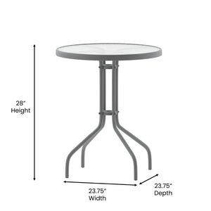 English Elm Lila Bistro Table Set with Tempered Glass Top and 2 Stackable Aluminum Slat Chairs for Stylish Dining Silver 23.75" Round TLH-071RD-017CSV2-GG