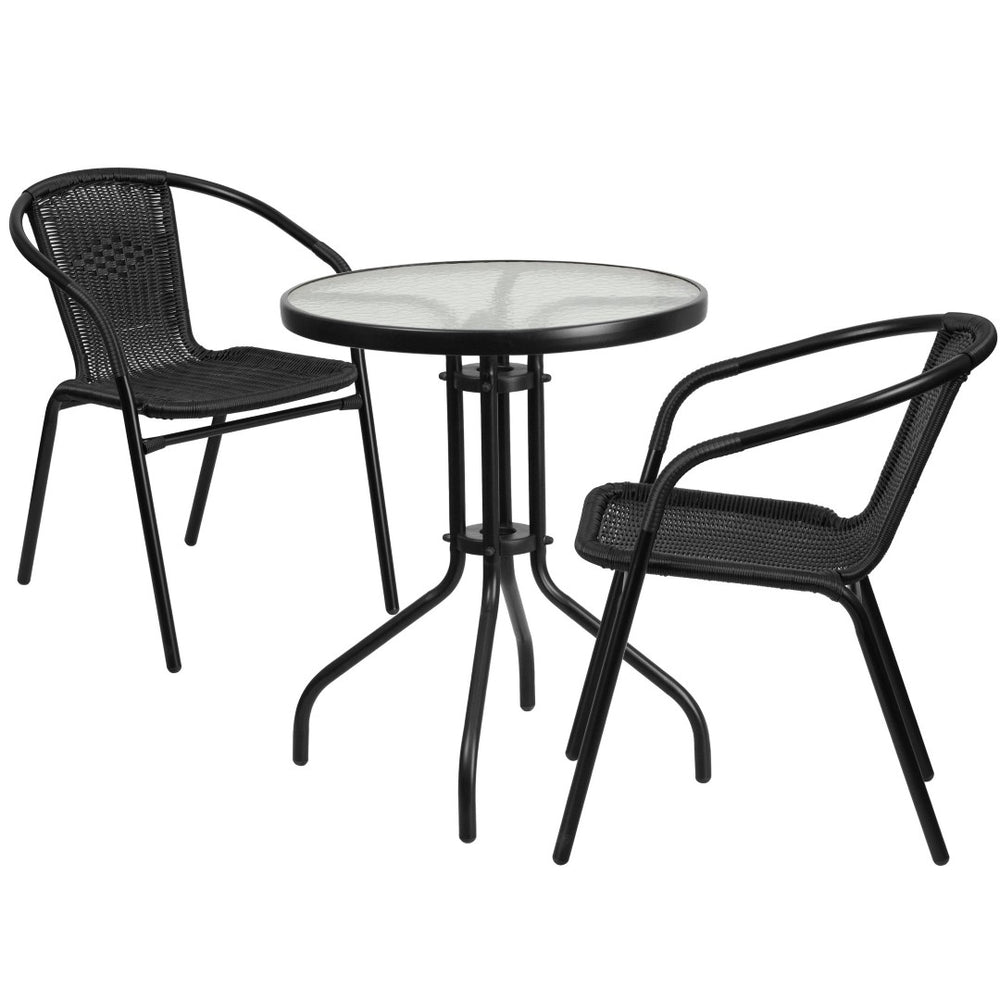 English Elm Lila 3-Piece Bistro Set with Round Glass Table & 2 Stackable Rattan Chairs for Stylish Spaces TLH-071RD-037BK2-GG