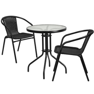 English Elm Lila 3-Piece Bistro Set with Round Glass Table & 2 Stackable Rattan Chairs for Stylish Spaces TLH-071RD-037BK2-GG
