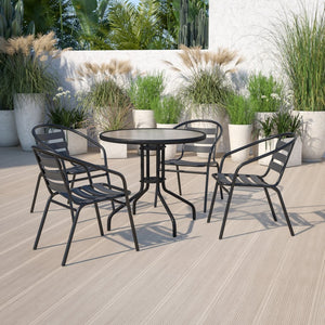 English Elm Lila Café-Style Glass Metal Table Set with 4 Stackable Chairs for Indoor and Outdoor Dining Spaces Black 31.5" Round TLH-072RD-017CBK4-GG