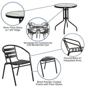 English Elm Lila Café-Style Glass Metal Table Set with 4 Stackable Chairs for Indoor and Outdoor Dining Spaces Black 31.5" Round TLH-072RD-017CBK4-GG