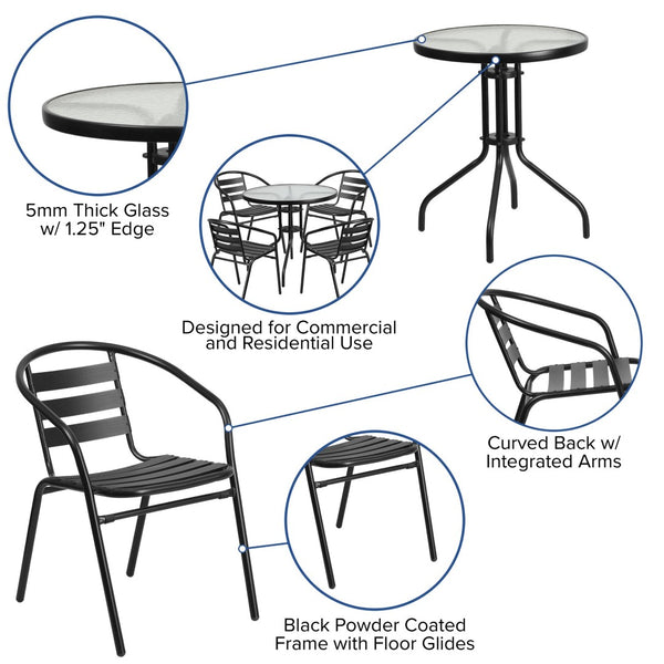 English Elm Lila Café-Style Glass Metal Table Set with 4 Stackable Chairs for Indoor and Outdoor Dining Spaces Black 31.5" Round TLH-072RD-017CBK4-GG
