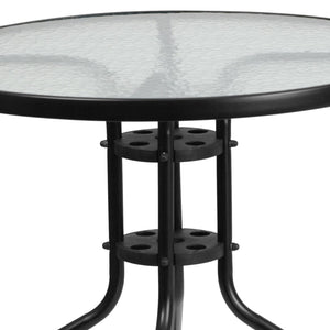 English Elm Lila Café-Style Glass Metal Table Set with 4 Stackable Chairs for Indoor and Outdoor Dining Spaces Black 31.5" Round TLH-072RD-017CBK4-GG
