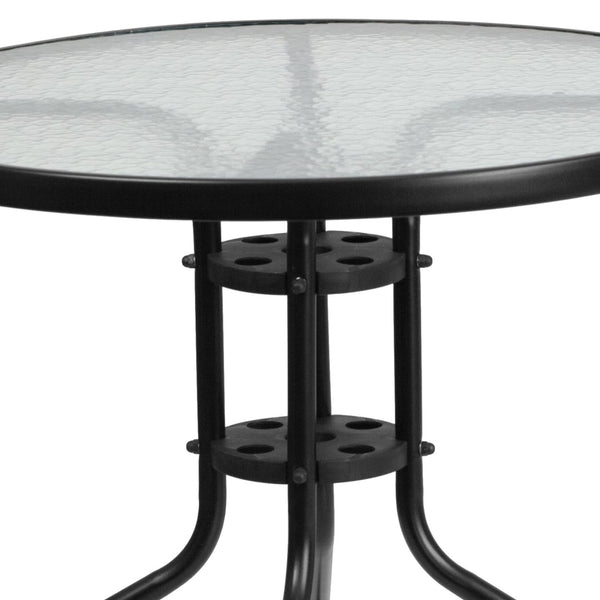 English Elm Lila Café-Style Glass Metal Table Set with 4 Stackable Chairs for Indoor and Outdoor Dining Spaces Black 31.5" Round TLH-072RD-017CBK4-GG