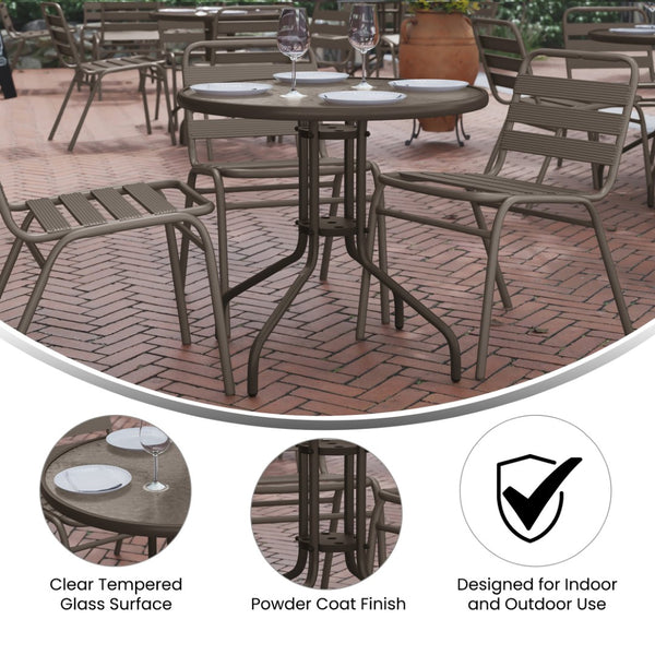 English Elm Lila Café-Style Glass Metal Table Set with 4 Stackable Chairs for Indoor and Outdoor Dining Spaces Bronze 31.5" Round TLH-072RD-017CBZ4-GG