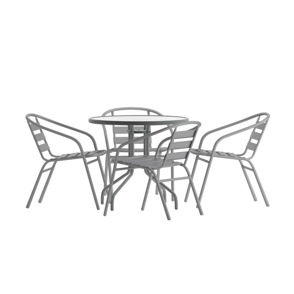 English Elm Lila Café-Style Glass Metal Table Set with 4 Stackable Chairs for Indoor and Outdoor Dining Spaces Silver 31.5" Round TLH-072RD-017CSV4-GG