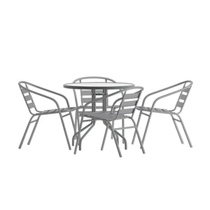 English Elm Lila Café-Style Glass Metal Table Set with 4 Stackable Chairs for Indoor and Outdoor Dining Spaces Silver 31.5" Round TLH-072RD-017CSV4-GG