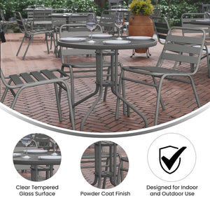 English Elm Lila Café-Style Glass Metal Table Set with 4 Stackable Chairs for Indoor and Outdoor Dining Spaces Silver 31.5" Round TLH-072RD-017CSV4-GG