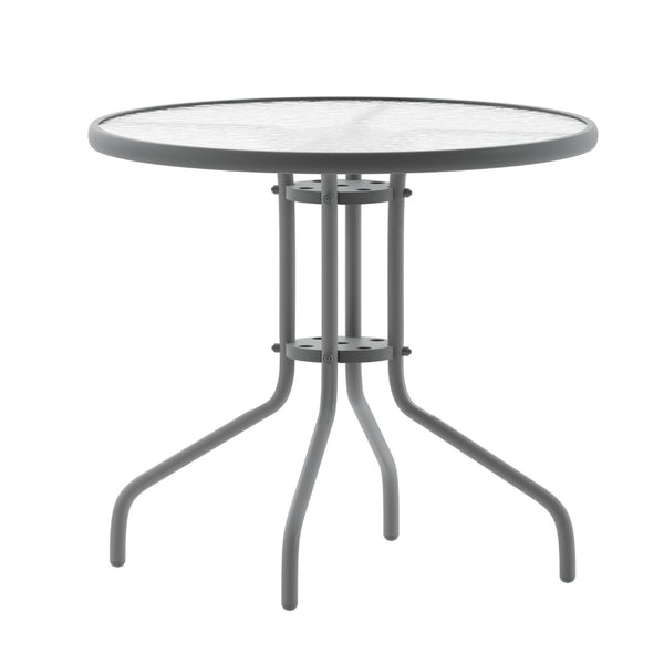 English Elm Lila Café-Style Glass Metal Table Set with 4 Stackable Chairs for Indoor and Outdoor Dining Spaces Silver 31.5" Round TLH-072RD-017CSV4-GG