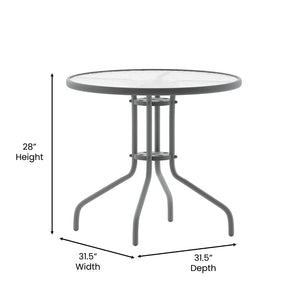 English Elm Lila Café-Style Glass Metal Table Set with 4 Stackable Chairs for Indoor and Outdoor Dining Spaces Silver 31.5" Round TLH-072RD-017CSV4-GG