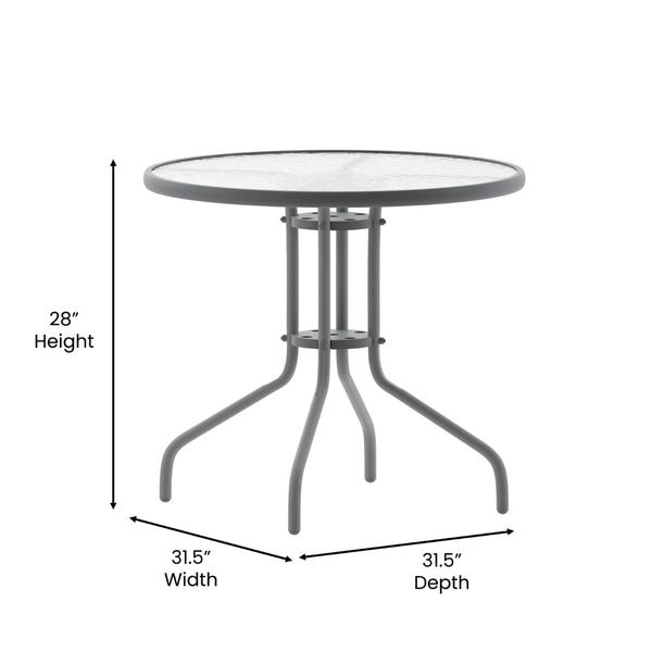 English Elm Lila Café-Style Glass Metal Table Set with 4 Stackable Chairs for Indoor and Outdoor Dining Spaces Silver 31.5" Round TLH-072RD-017CSV4-GG