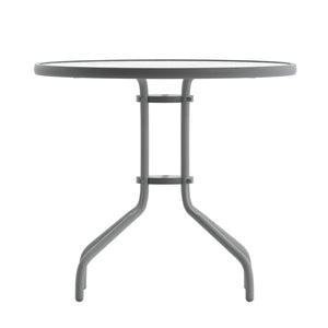 English Elm Lila Café-Style Glass Metal Table Set with 4 Stackable Chairs for Indoor and Outdoor Dining Spaces Silver 31.5" Round TLH-072RD-017CSV4-GG